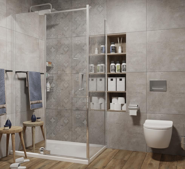 Szara płytka typu patchwork w kabinie prysznicowej - Cerrad Softcement - BLU Salony Łazienek