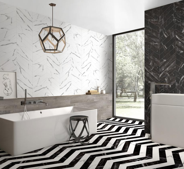 Wzór jodełki w łazience - Azario Chevron Marquina i Carrara White Mat - BLU Salony Łazienek