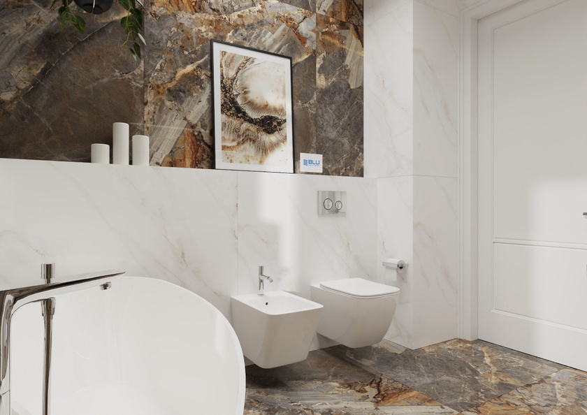 Miska WC i bidet IÖ Arnoy na tle marmurowych płytek Azario Carrara Naos Poler