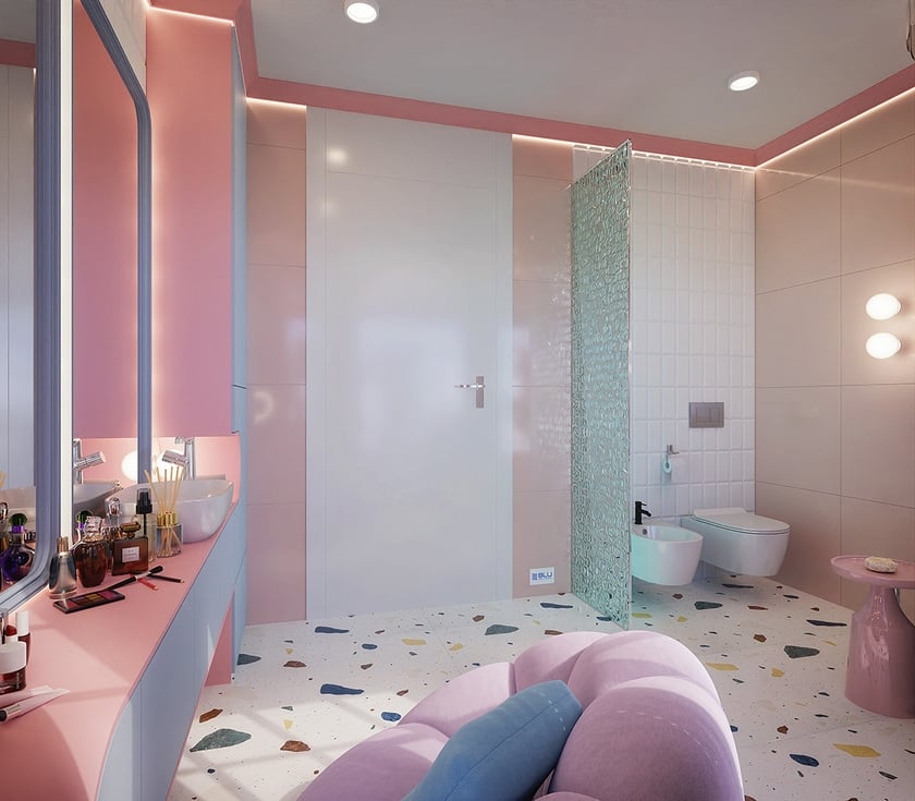 Różowo biała łazienka z podwieszaną miską WC i bidetem