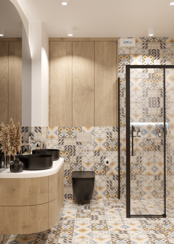 Hiszpańska łazienka z patchworkowymi płytkami