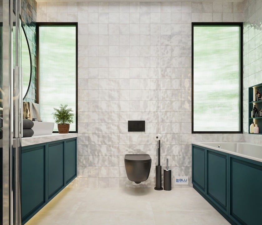 Biało - zielona łazienka z płytkami Vijo Provenza