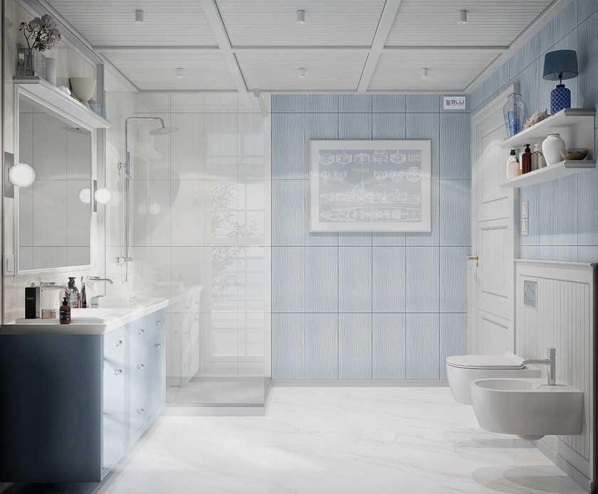 Marynistyczna łazienka z kabiną prysznicową IÖ Larso