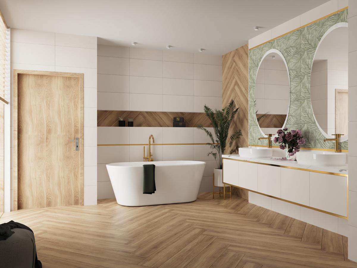 Wiosenna łazienka z zielonym dekorem i drewnem Tubądzin Alami beige - BLU Salony Łazienek