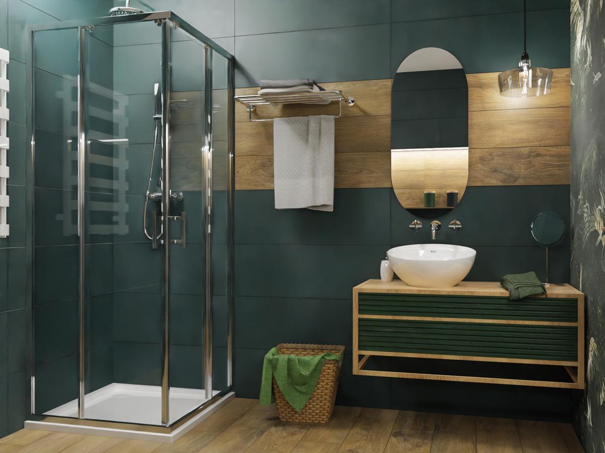 Zielona łazienka i drewniane akcenty - BLU Salony Łazienek