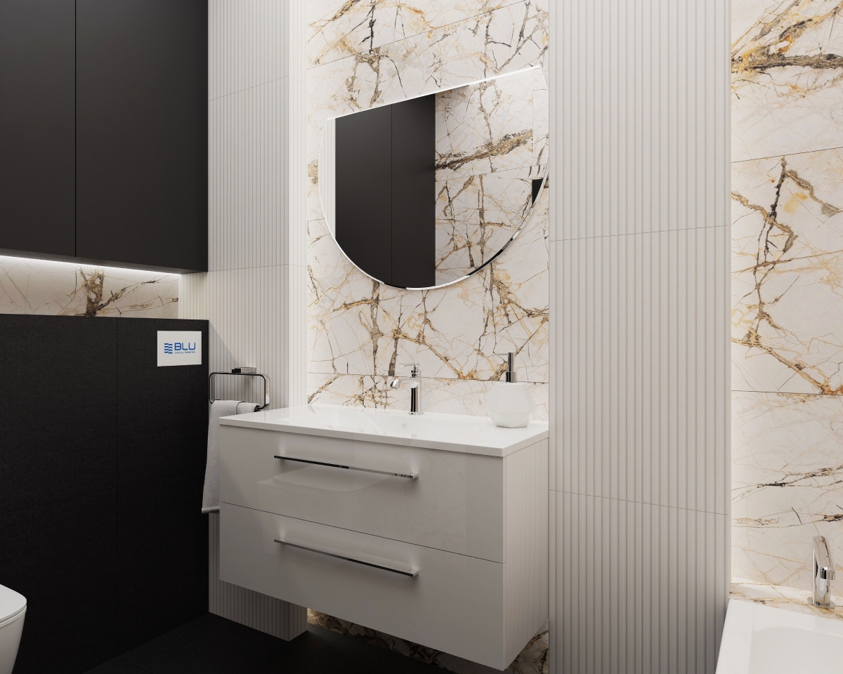 Czarno - biała łazienka 5m² z płytkami Azario i Monolith Tubądzin