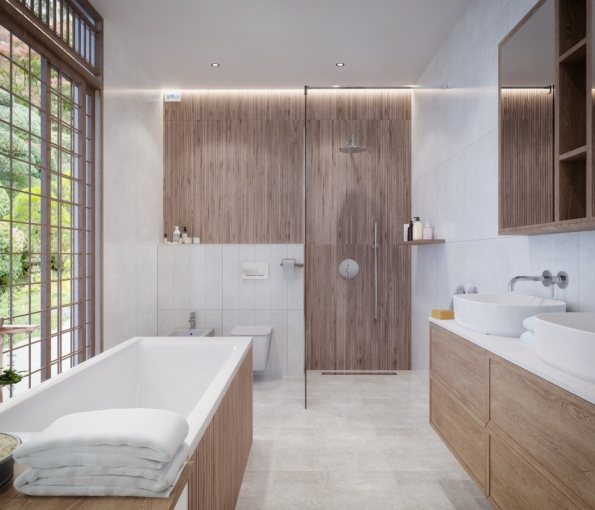 Szara łazienka z elementami drewna w stylu japońskim